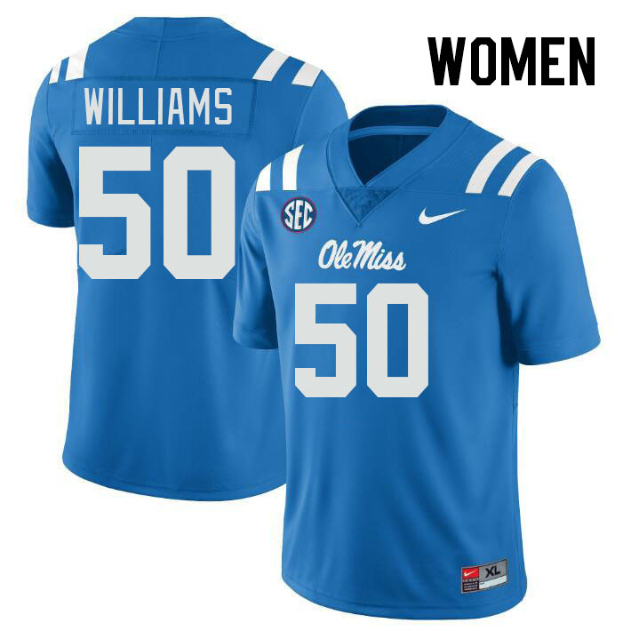 Women #50 Jayden Williams Ole Miss Rebels College Football Jerseys Stitched-Power Blue